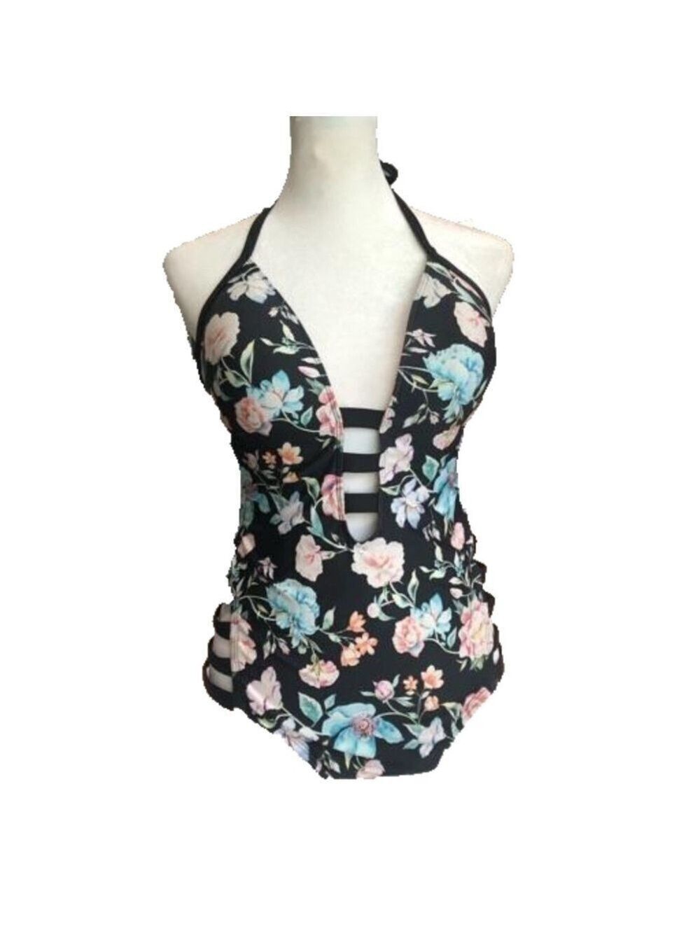 Kenneth Cole Reaction Size S one piece swimsuit string tie halter lattice sides